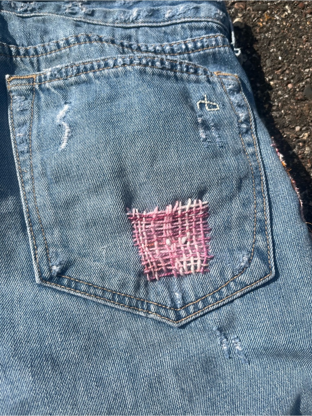 OOAK reworked Distressed Light Blue Denim Women's Shorts with Patchwork - Picture 7 of 7